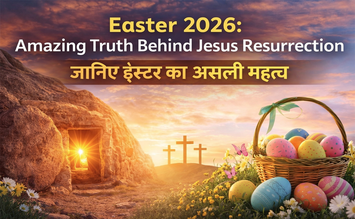 Easter 2026 celebration with Jesus resurrection empty tomb and colorful eggs